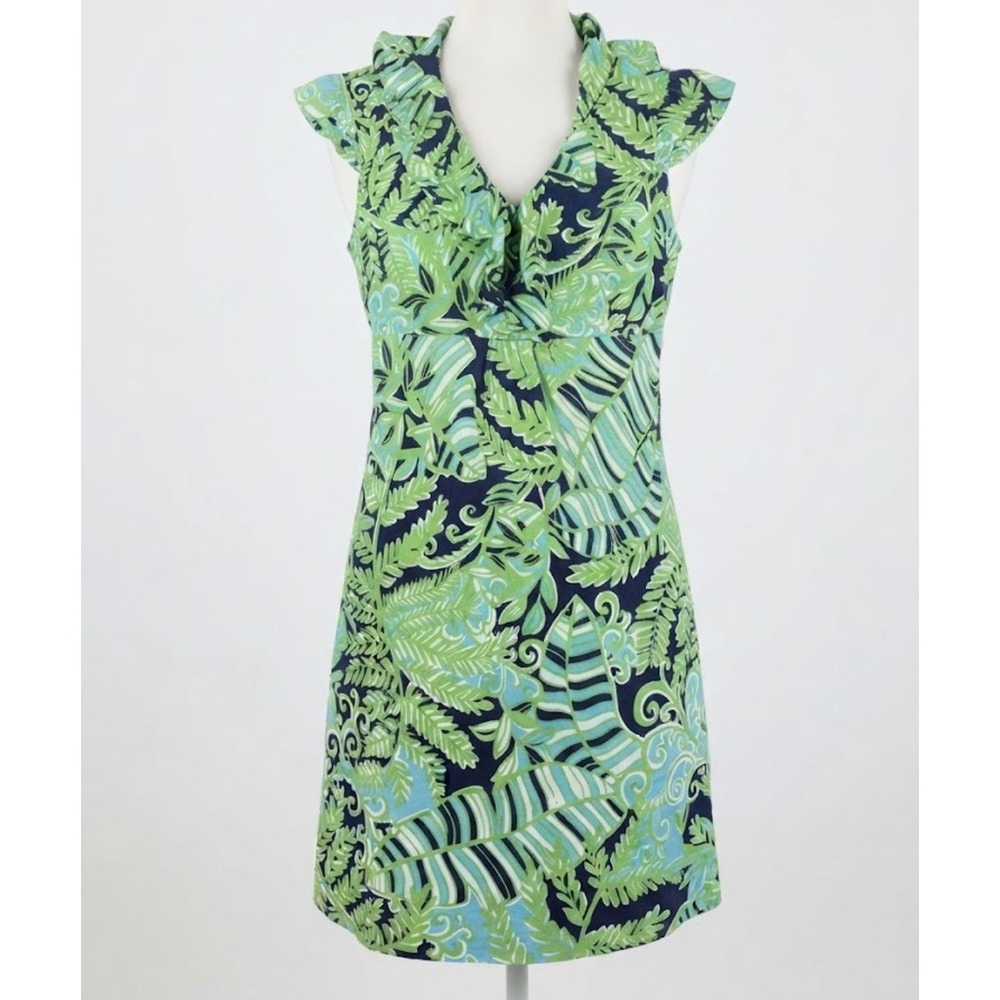 Lilly Pulitzer Clare Ruffle Dress S Silk Blend Tropics Leaf Navy Green Vacation